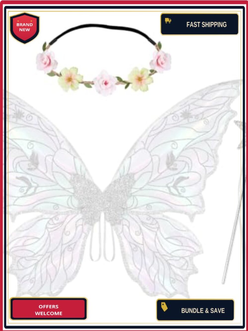 3Pc Iridescent Butterfly Fairy Wings Flower Crown Wand Adult Costume Set